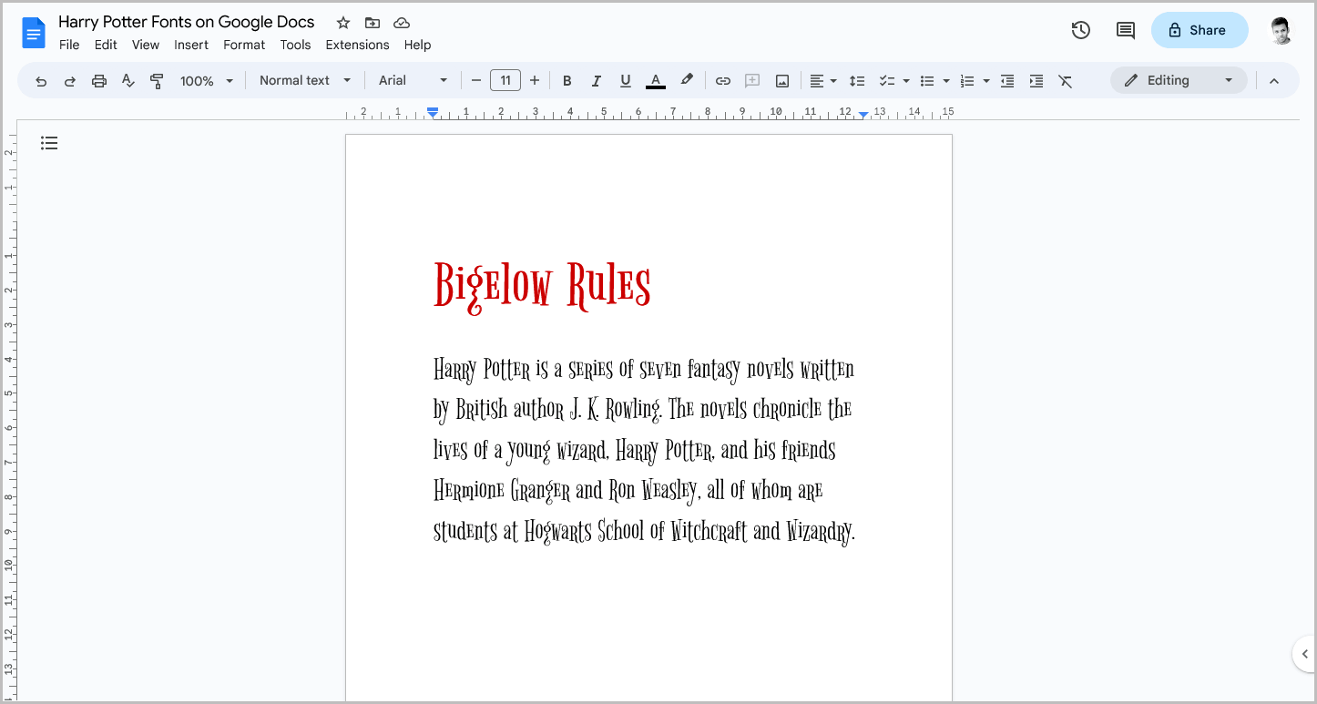 Harry Potter Fonts on Google Docs