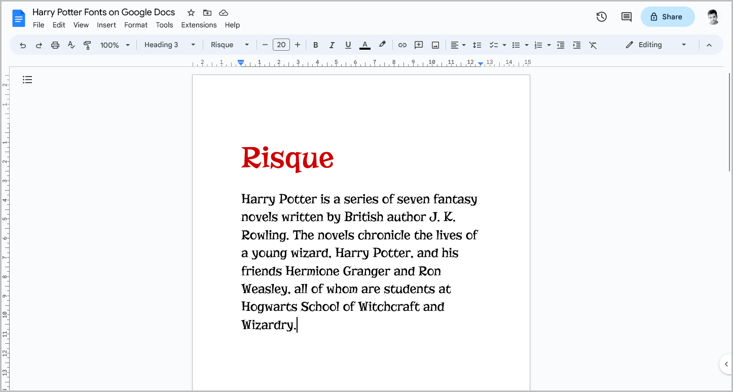 Harry Potter Fonts on Google Docs