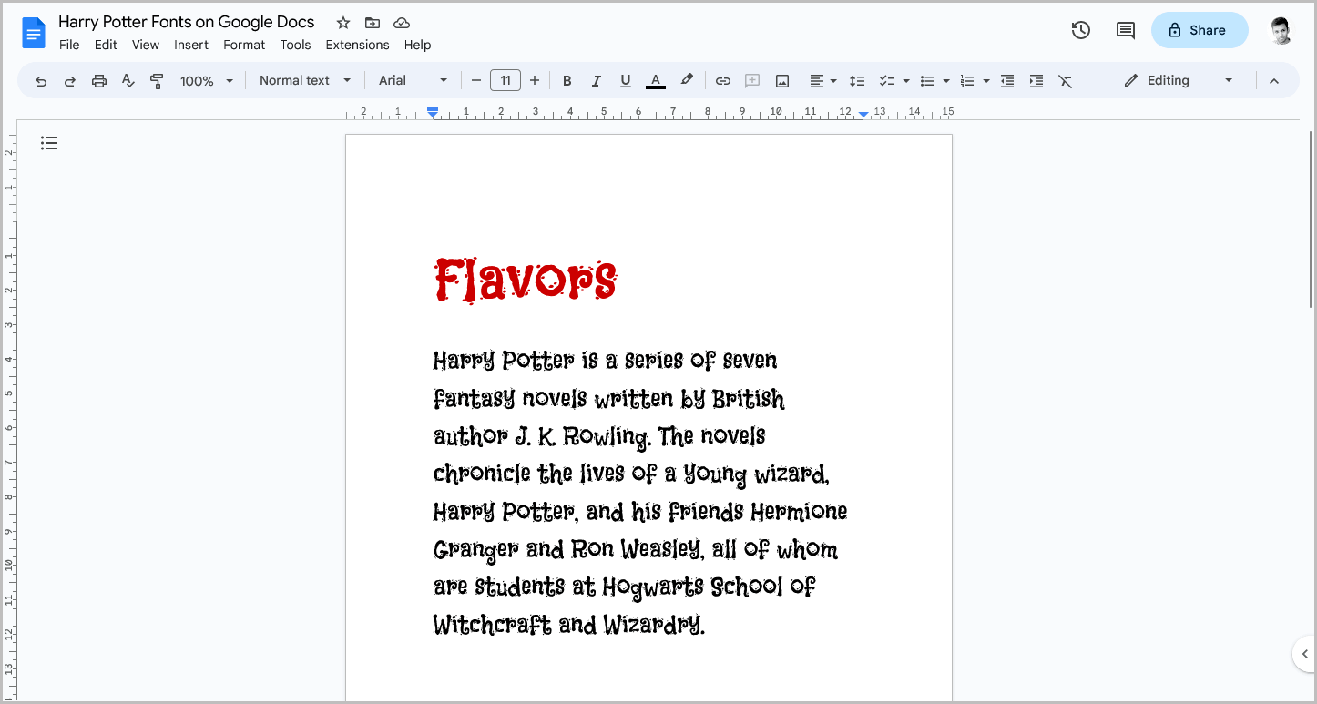 Harry Potter Fonts on Google Docs