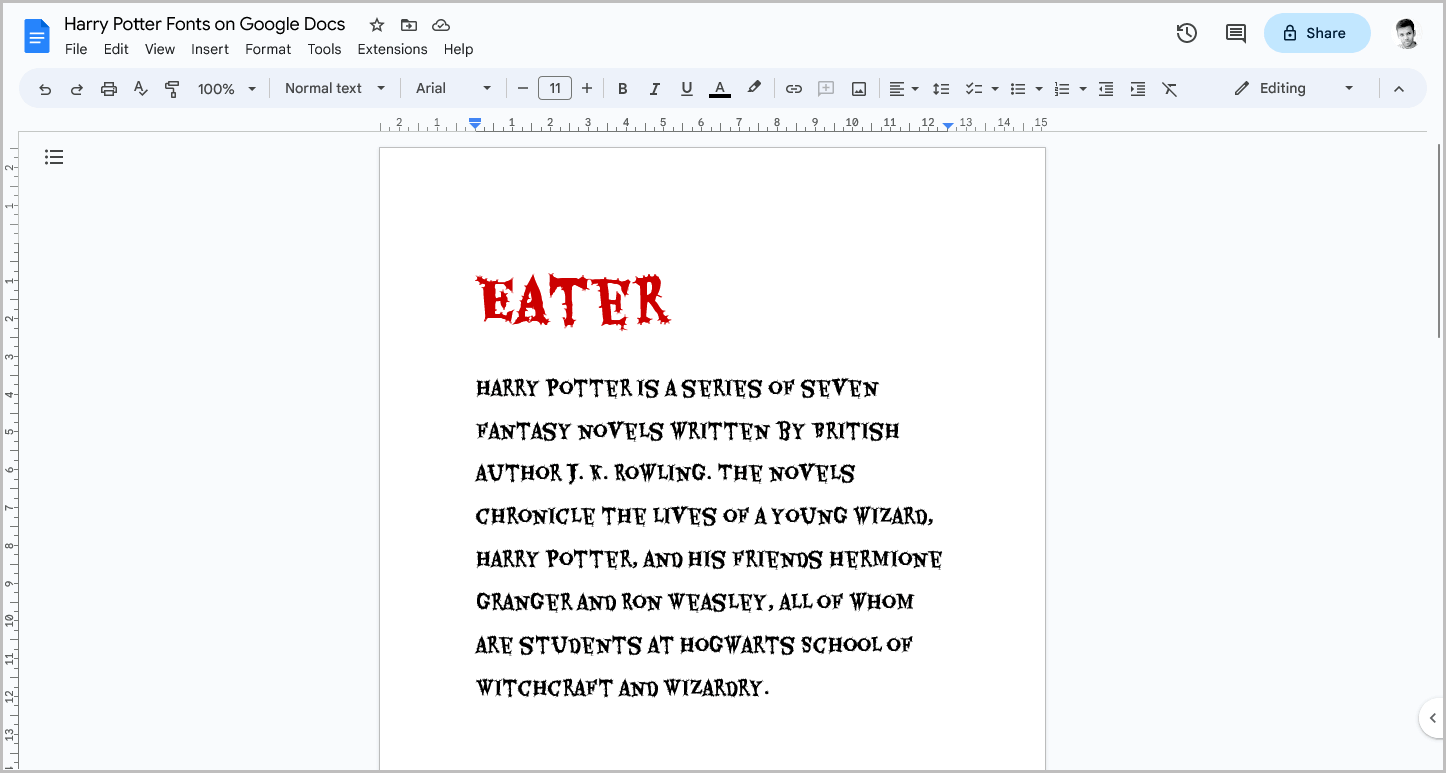 Harry Potter Fonts on Google Docs
