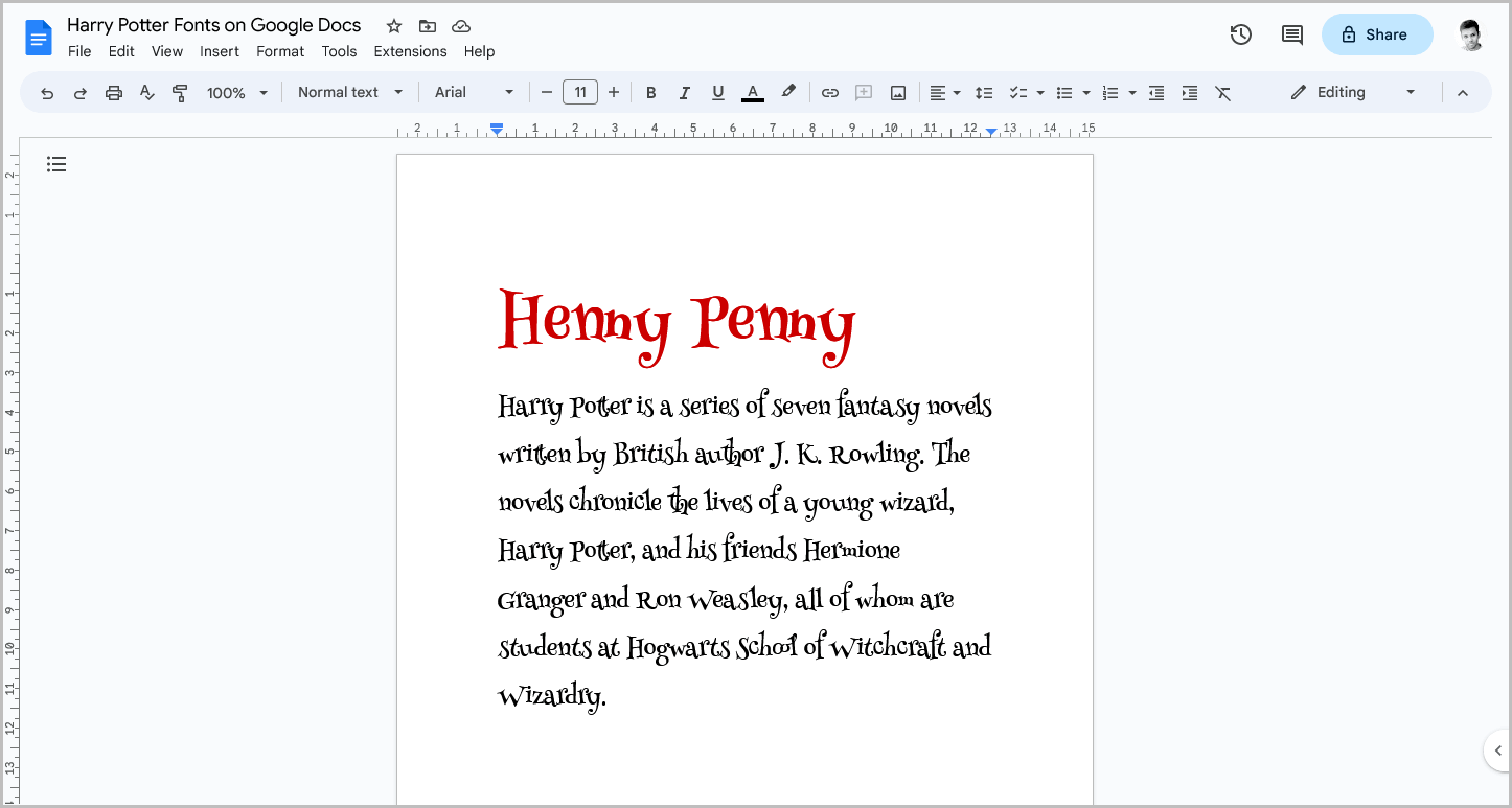 Harry Potter Fonts on Google Docs