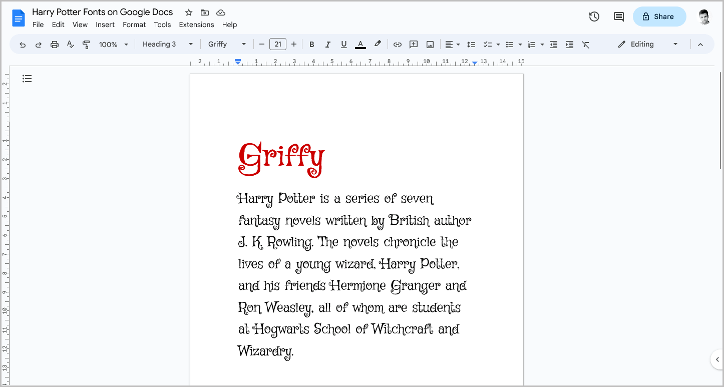 Harry Potter Fonts on Google Docs