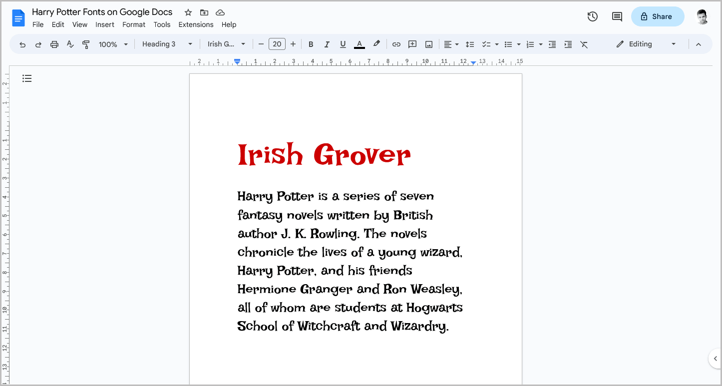 Harry Potter Fonts on Google Docs