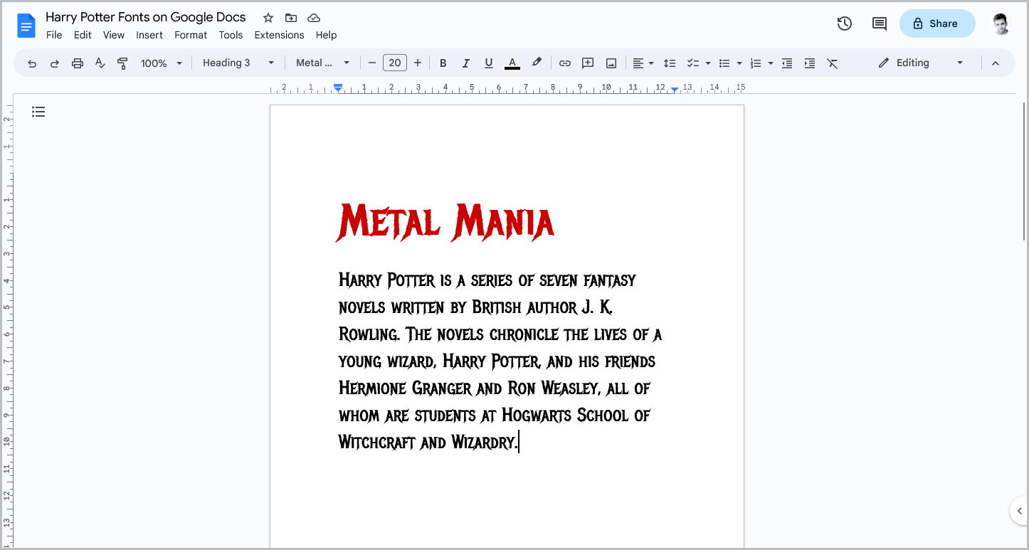 Harry Potter Fonts on Google Docs