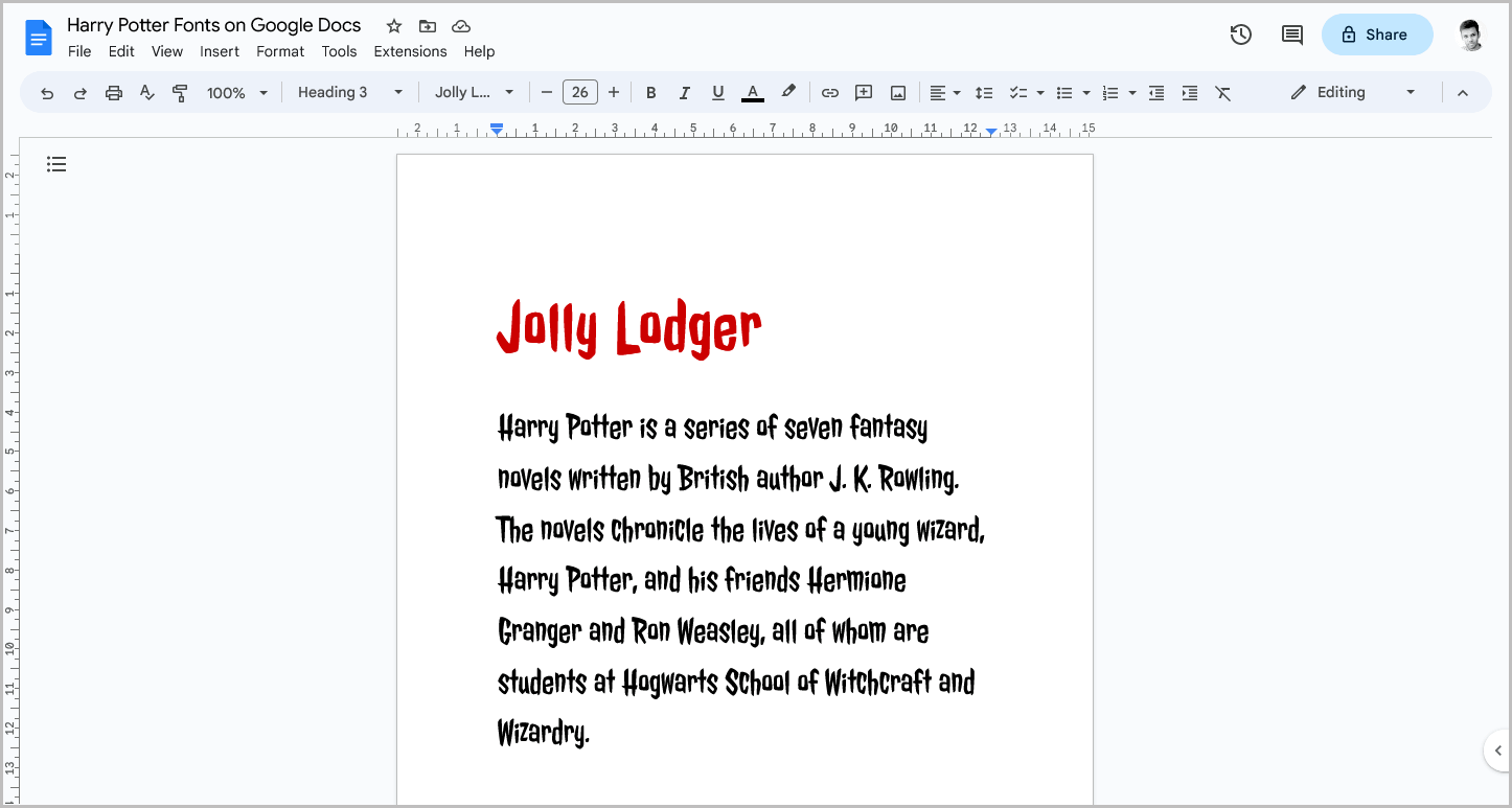 Harry Potter Fonts on Google Docs