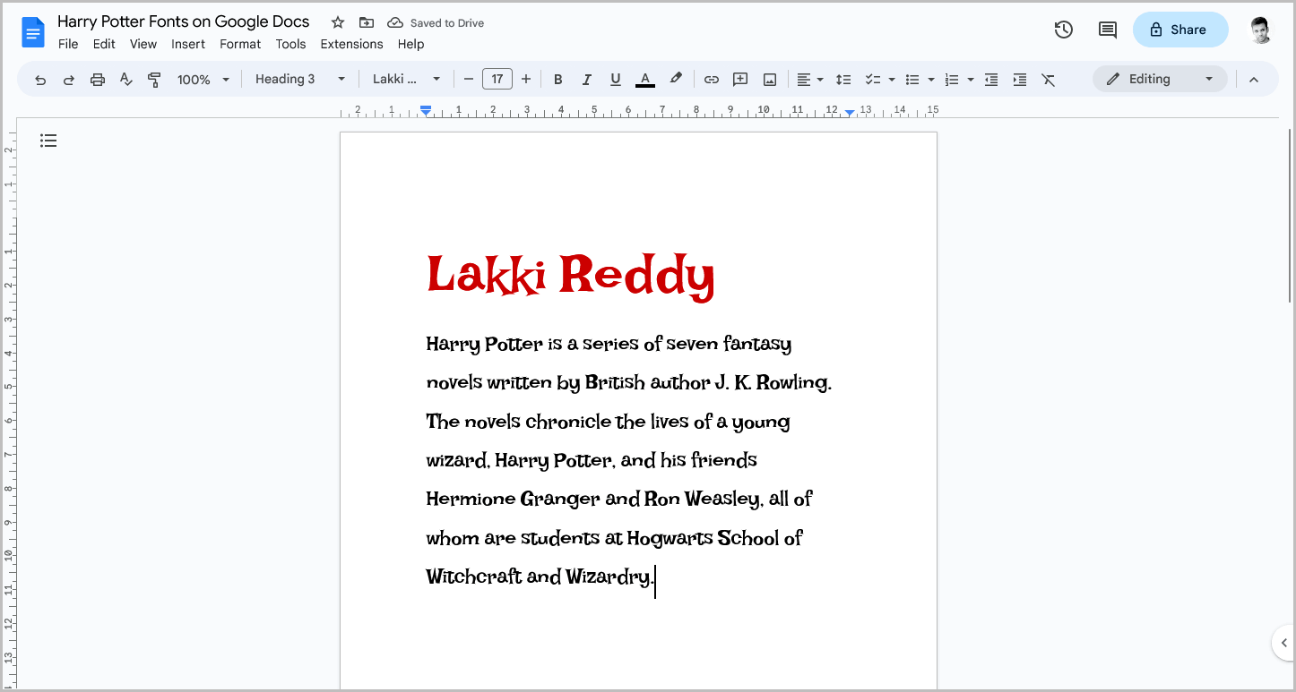 Harry Potter Fonts on Google Docs
