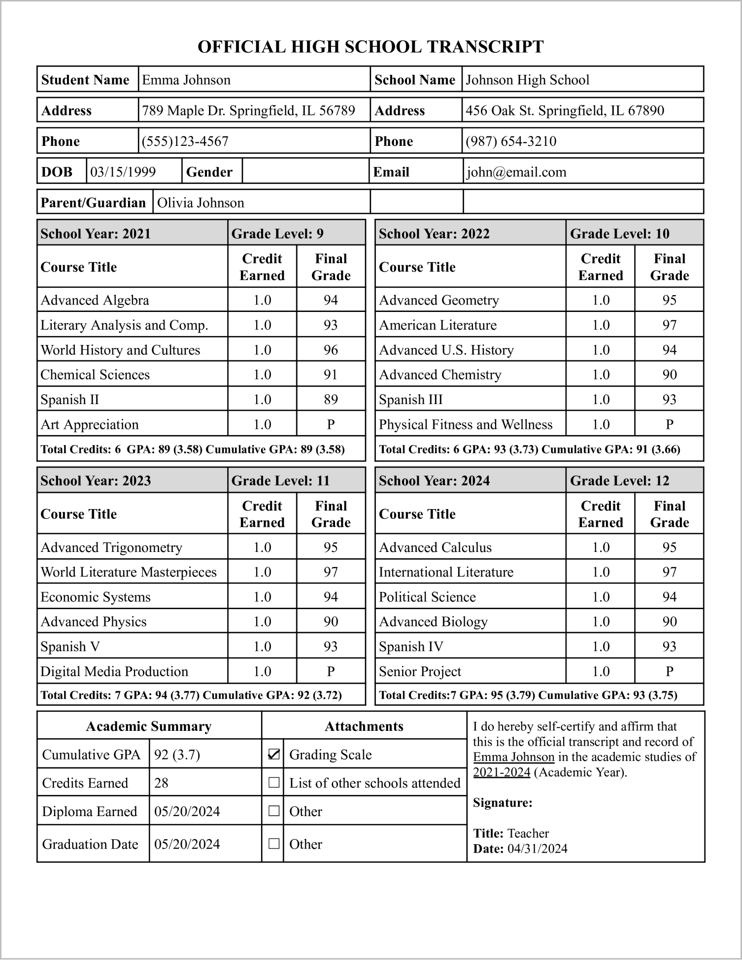 High School Transcript Template for Google Docs High School Transcript Template for Google Docs