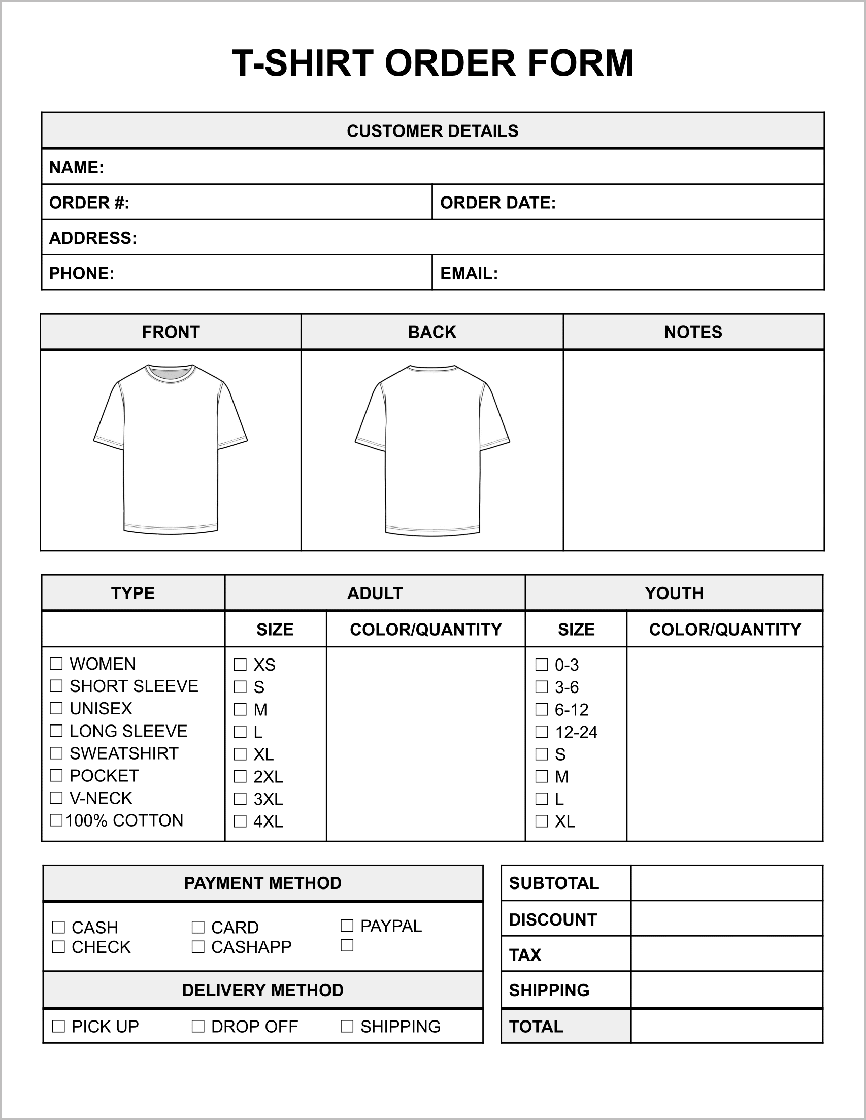 Free T-Shirt Order Form Templates_Black and White Free T-Shirt Order Form Templates