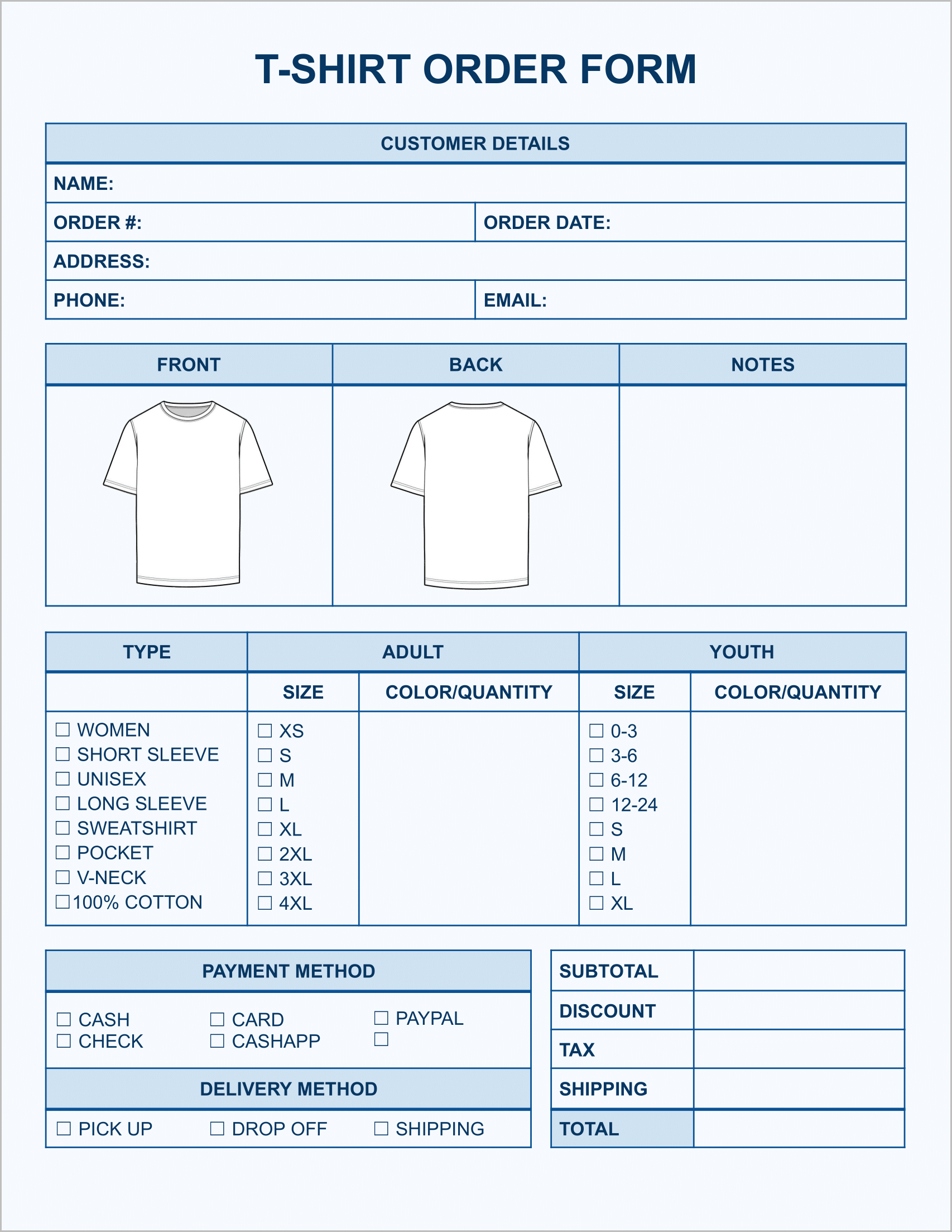 Free T-Shirt Order Form Templates_Blue Free T-Shirt Order Form Templates