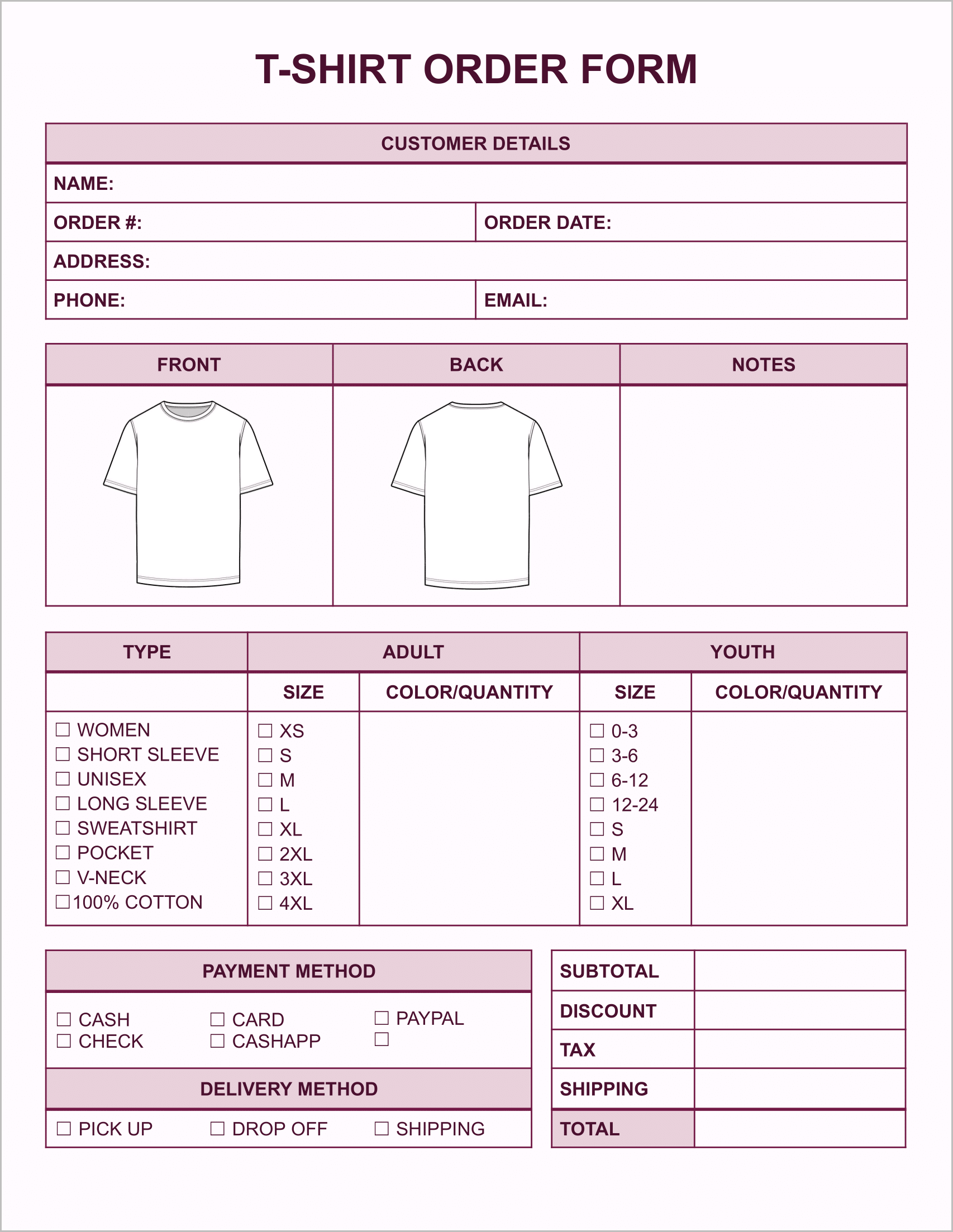 Free T-Shirt Order Form Templates_Pink Free T-Shirt Order Form Templates