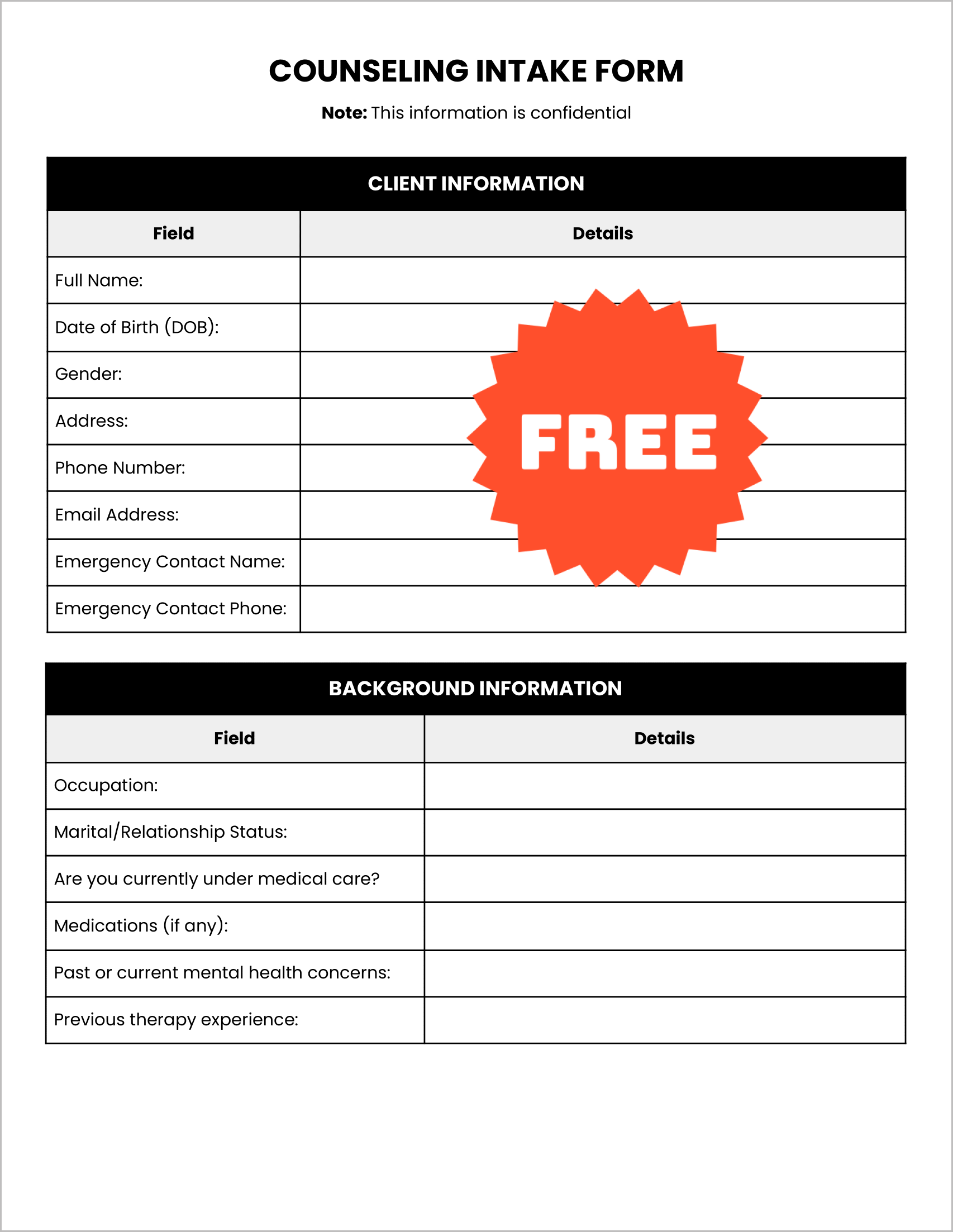 Free Counseling Intake Form (B&W)