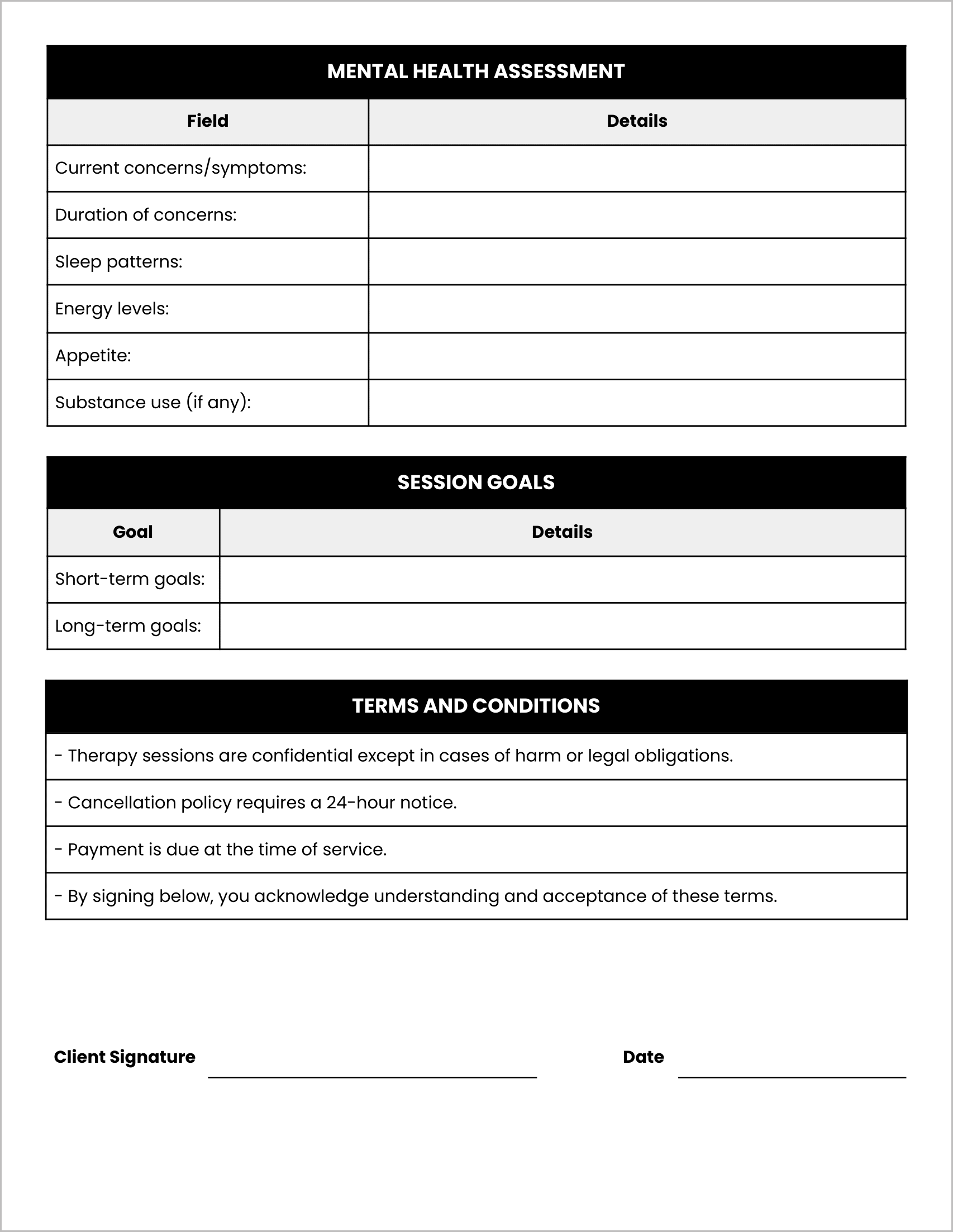 Free Counseling Intake Form (B&W)