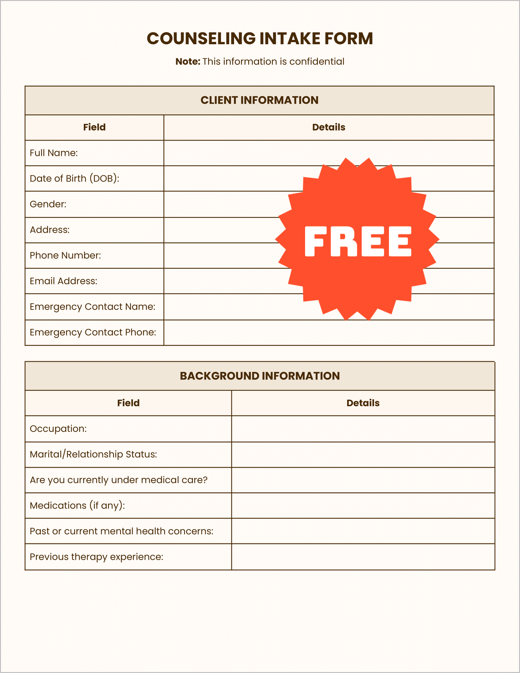 Free Counseling Intake Form (Color)