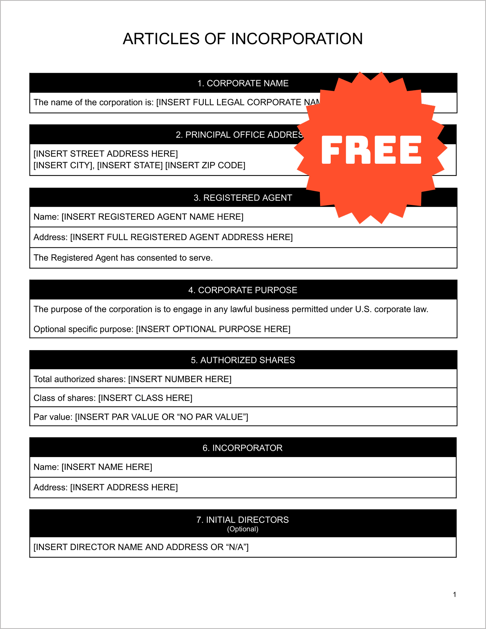 Free Articles of Incorporation Template