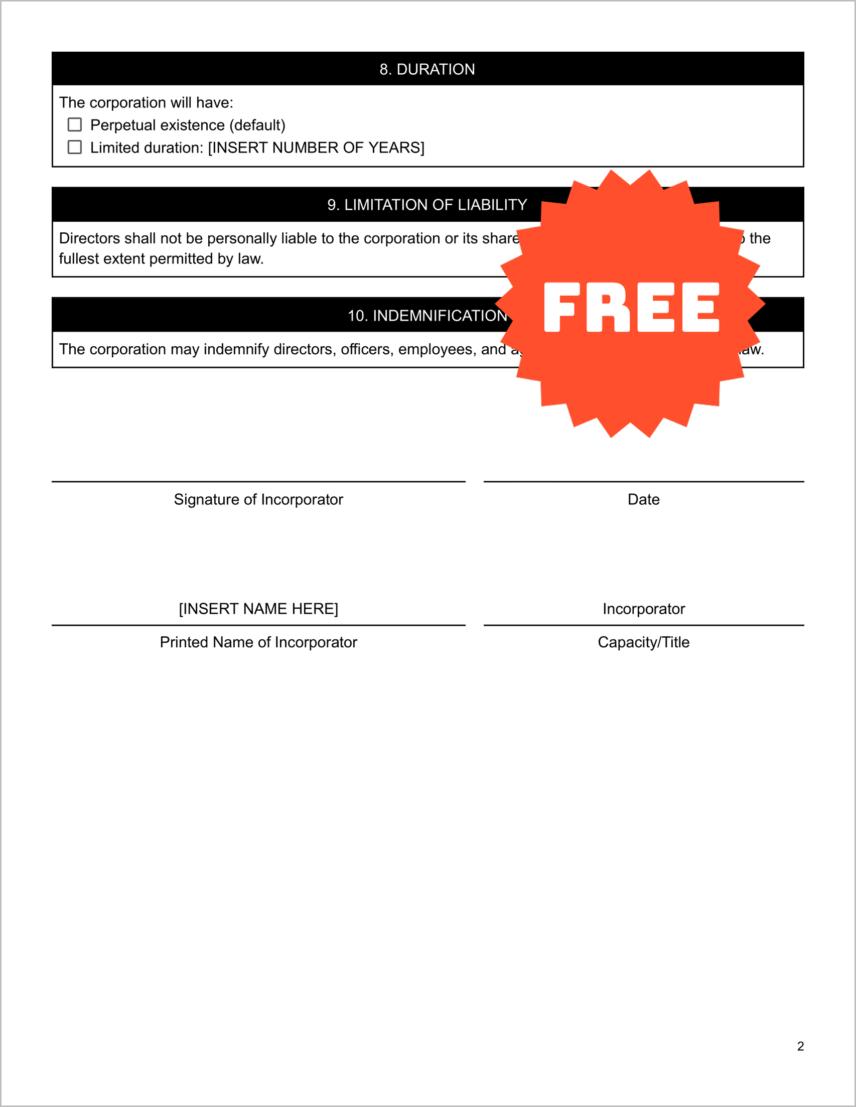 Free Articles of Incorporation Template