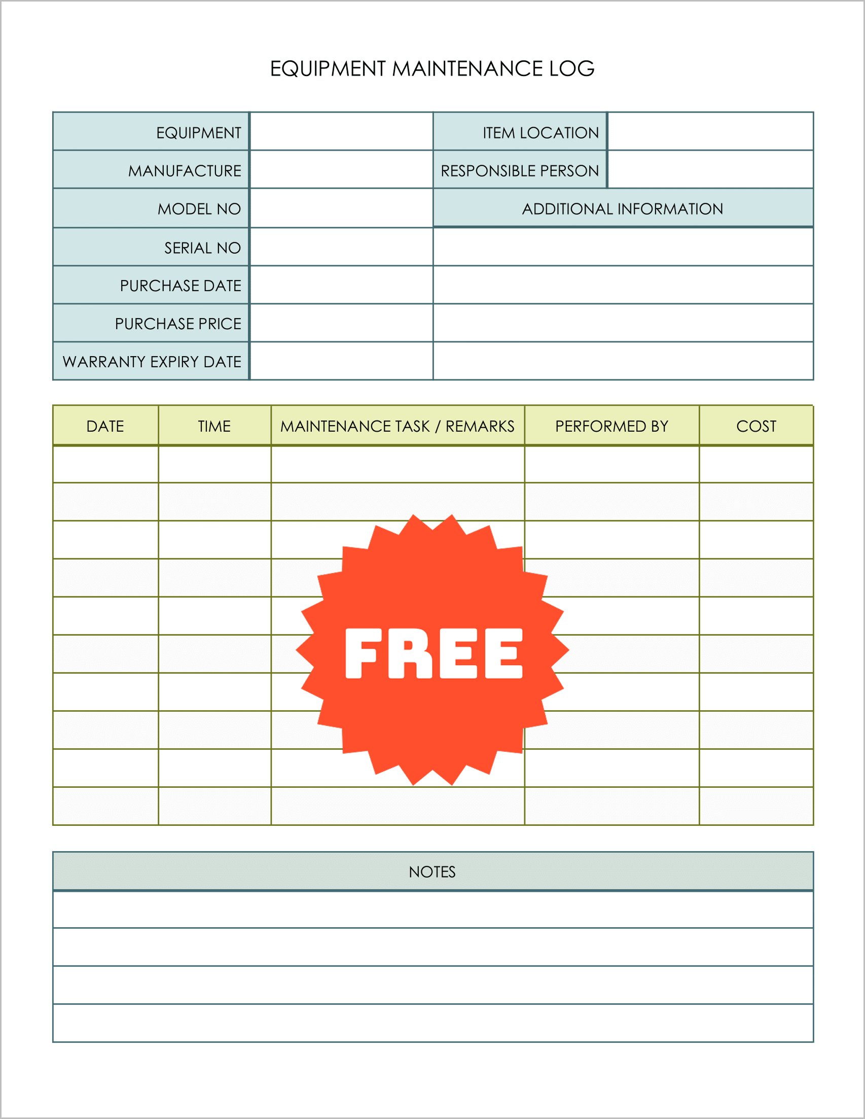 Free Printable Equipment Maintenance Log Templates