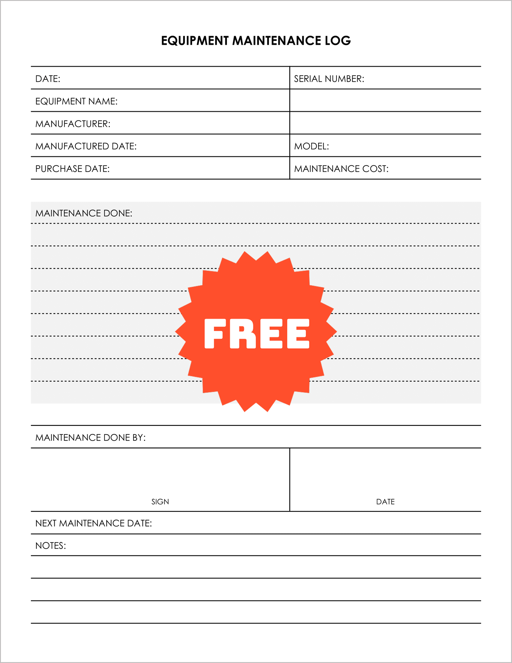 Free Printable Equipment Maintenance Log Templates