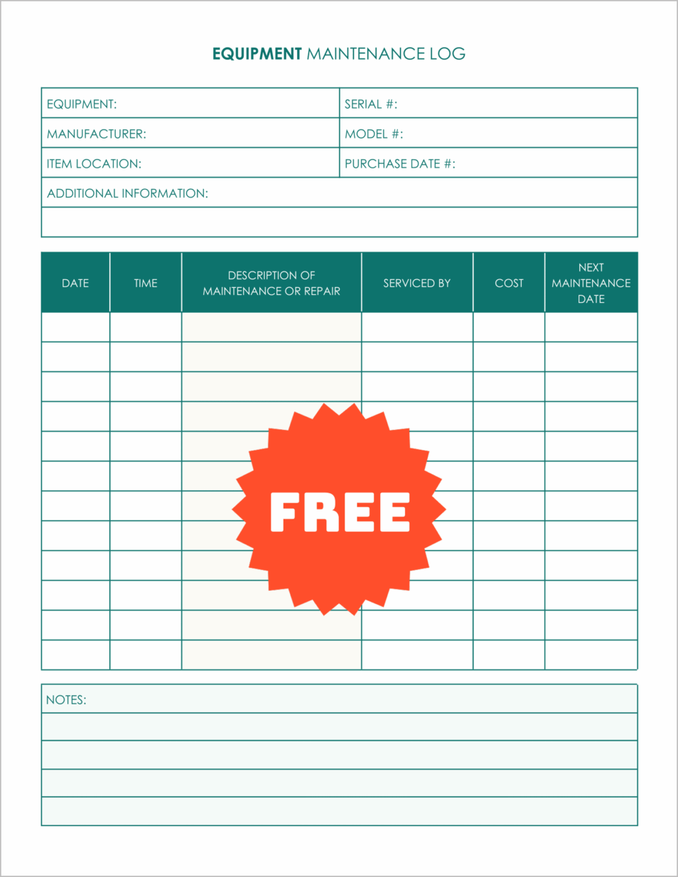 Free Printable Equipment Maintenance Log Templates