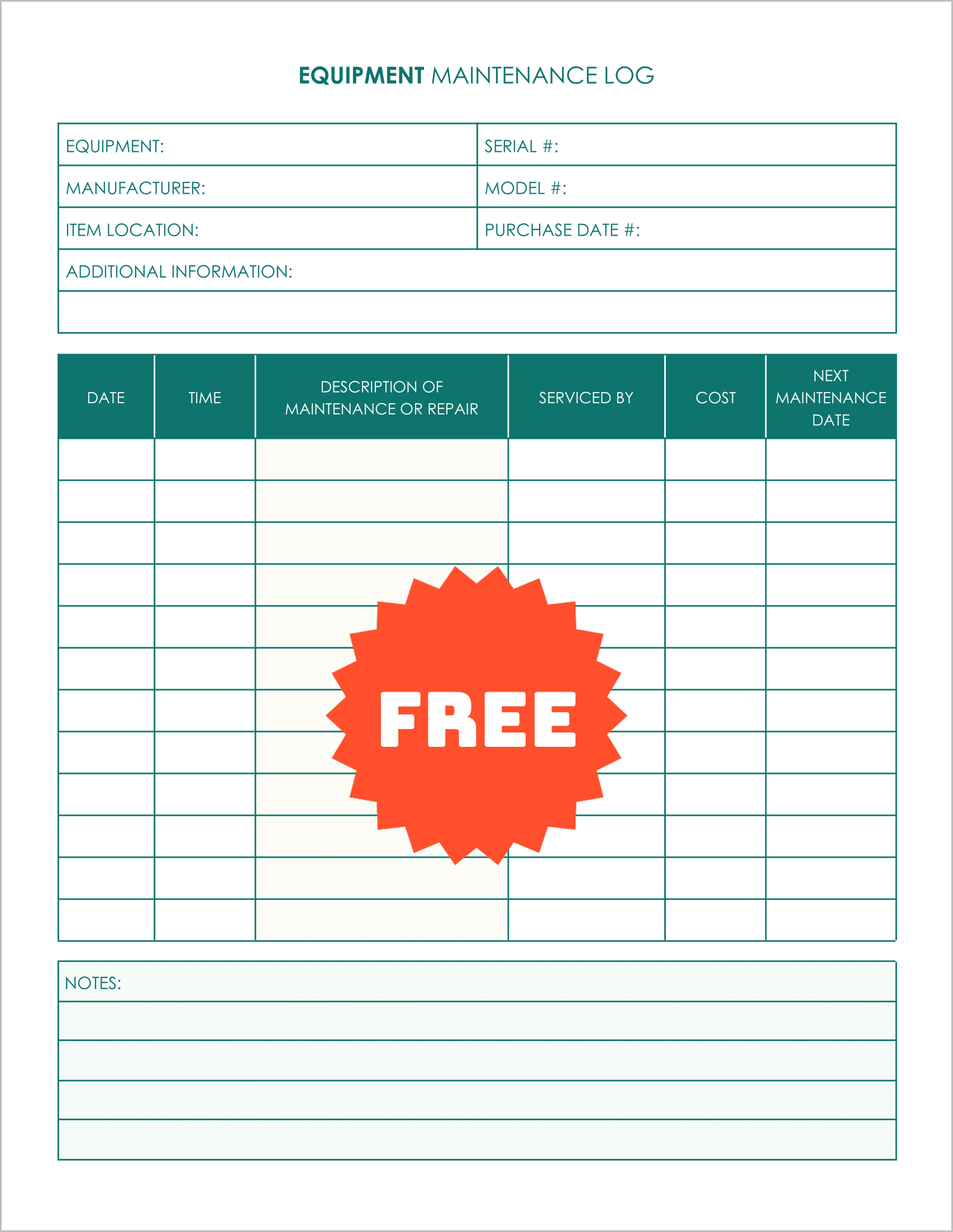 Free Printable Equipment Maintenance Log Templates