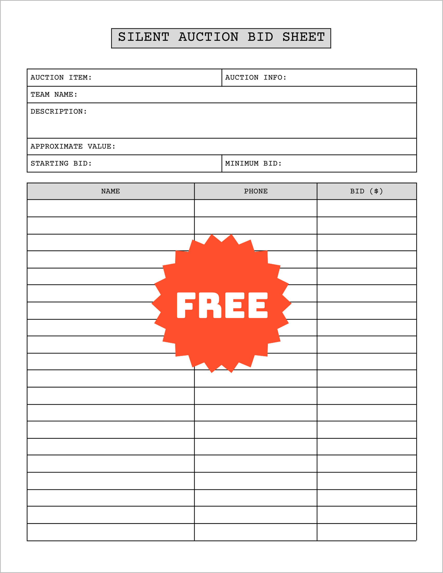 Free Printable Silent Auction Bid Sheets