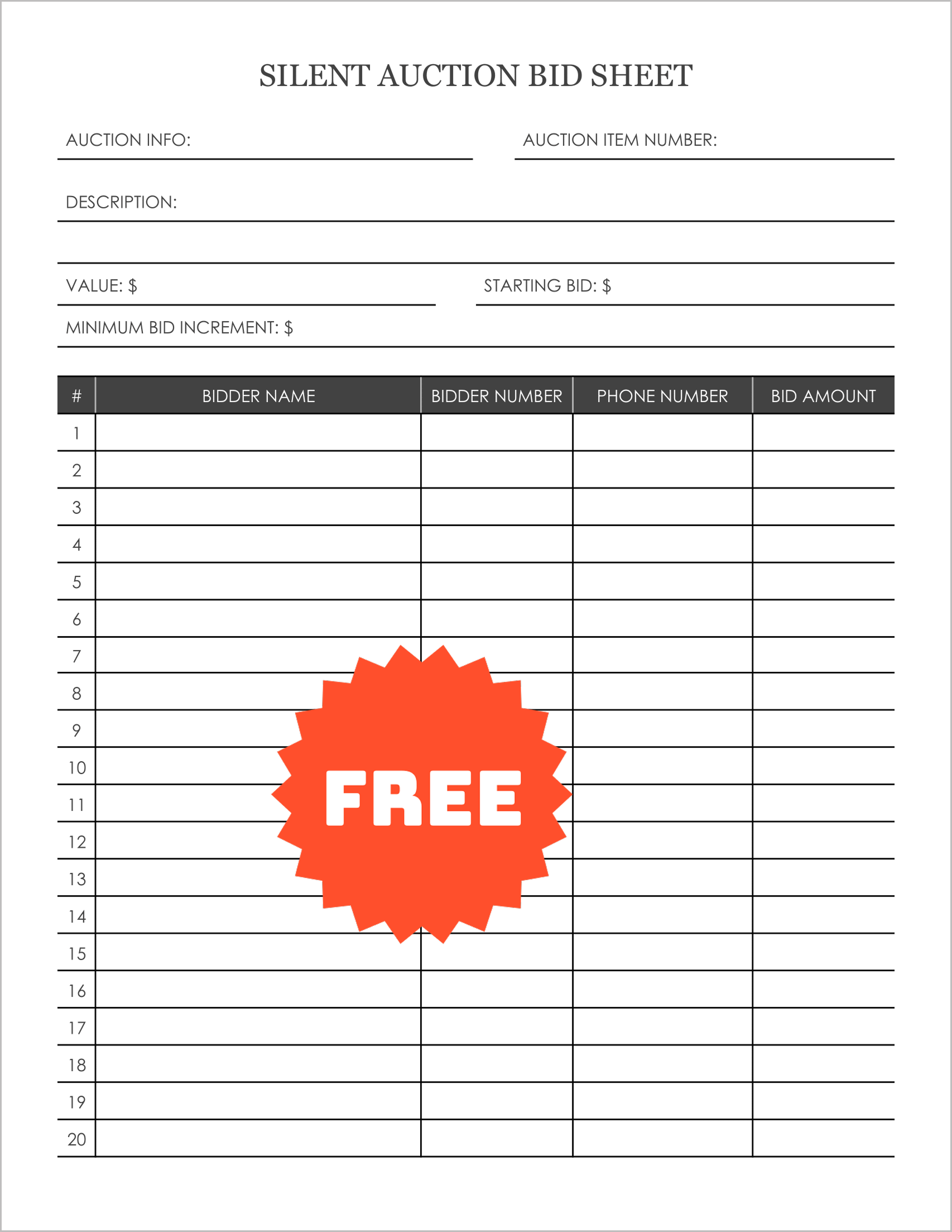Free Printable Silent Auction Bid Sheets