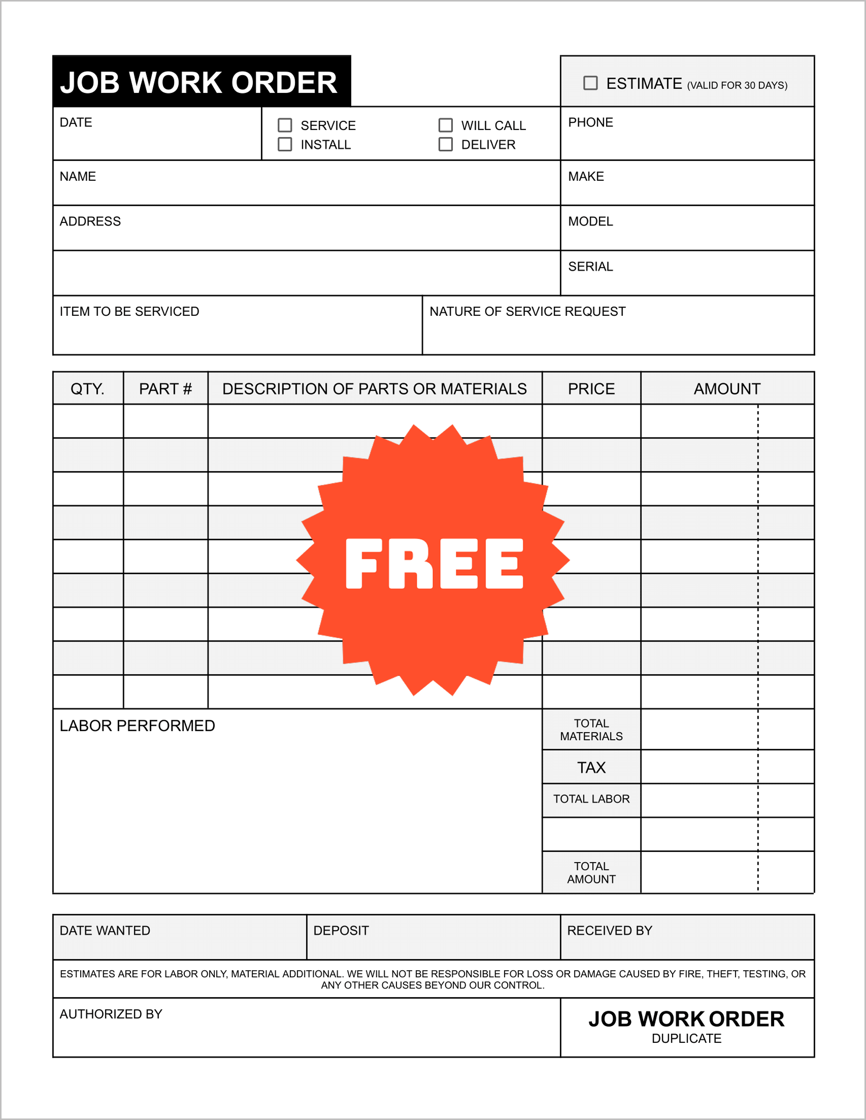 Free Printable Work Order Templates