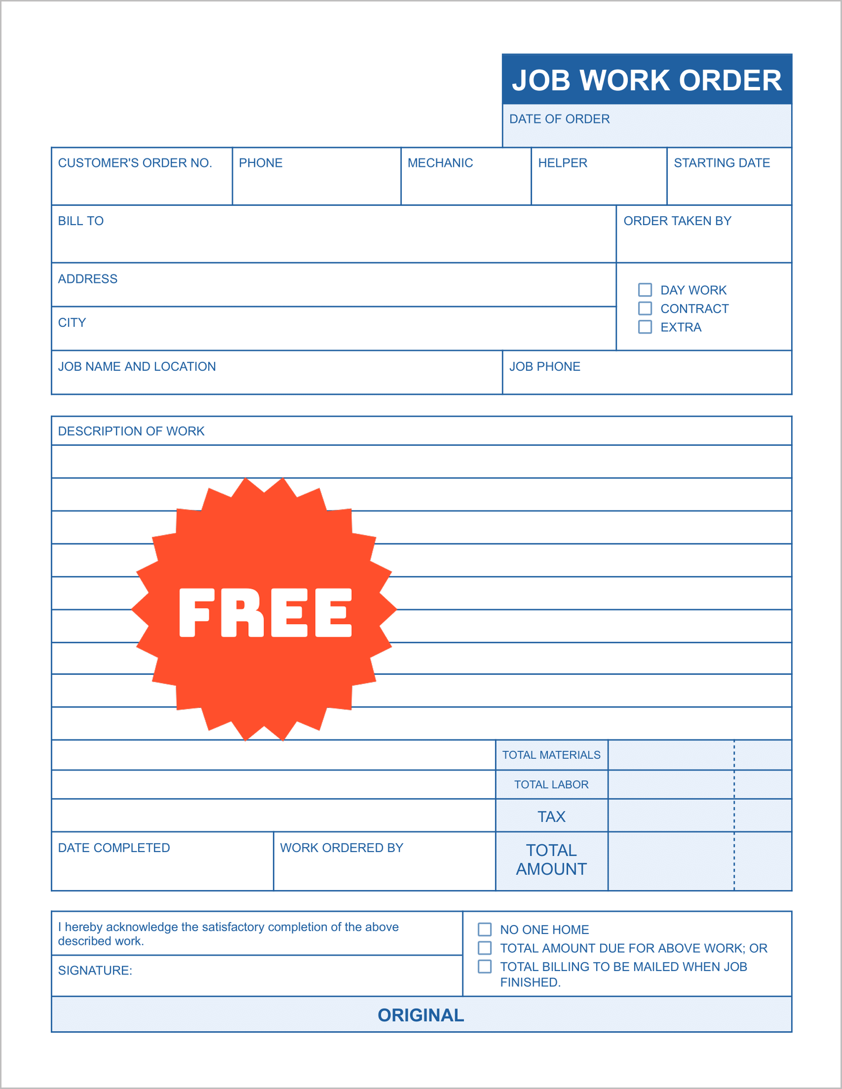 Free Printable Work Order Templates