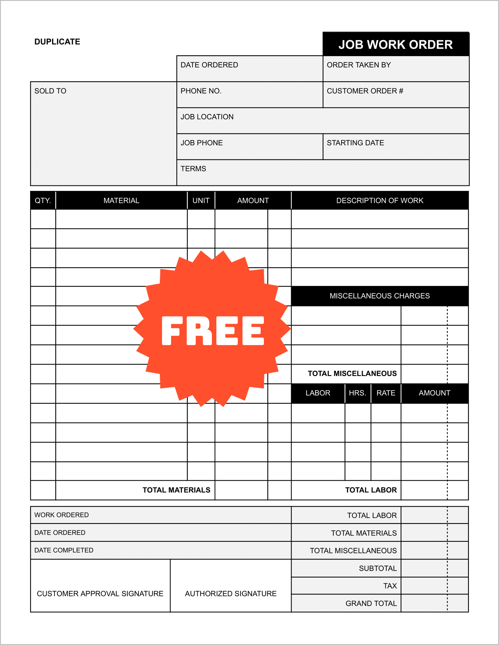 Free Printable Work Order Templates