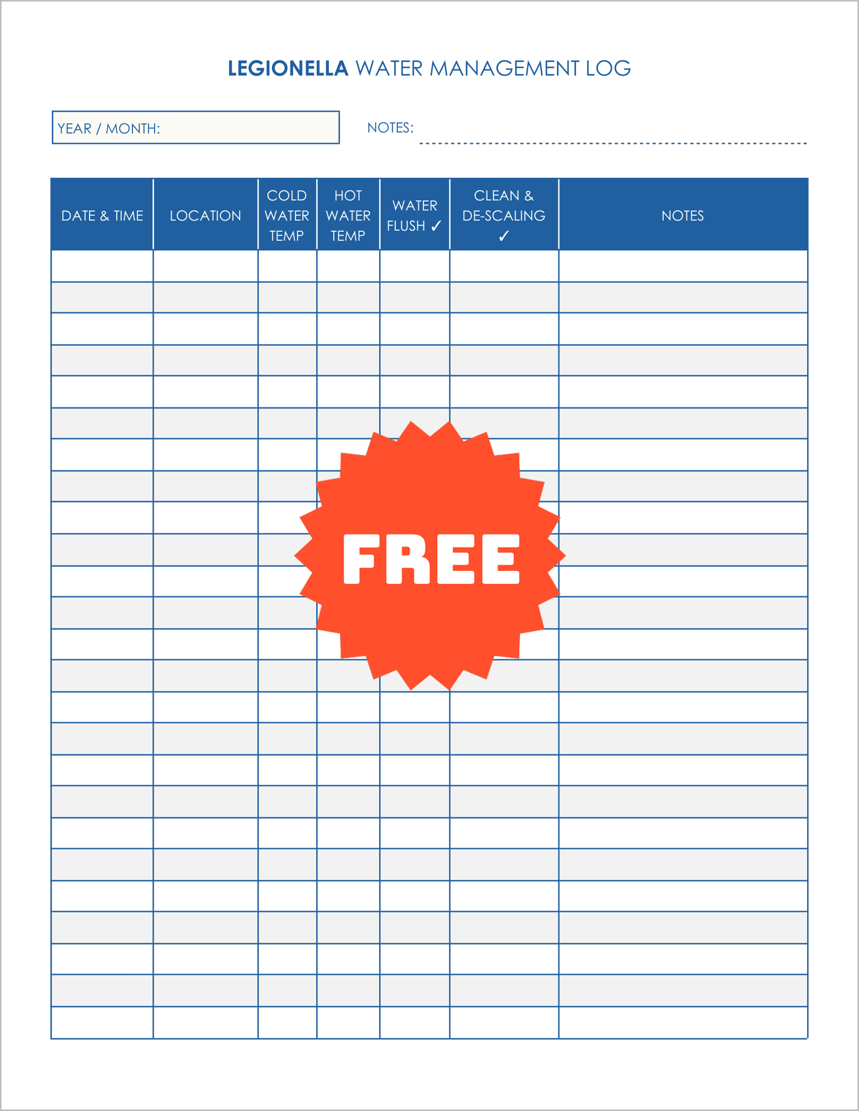 Free Legionella Water Management Log Sheets