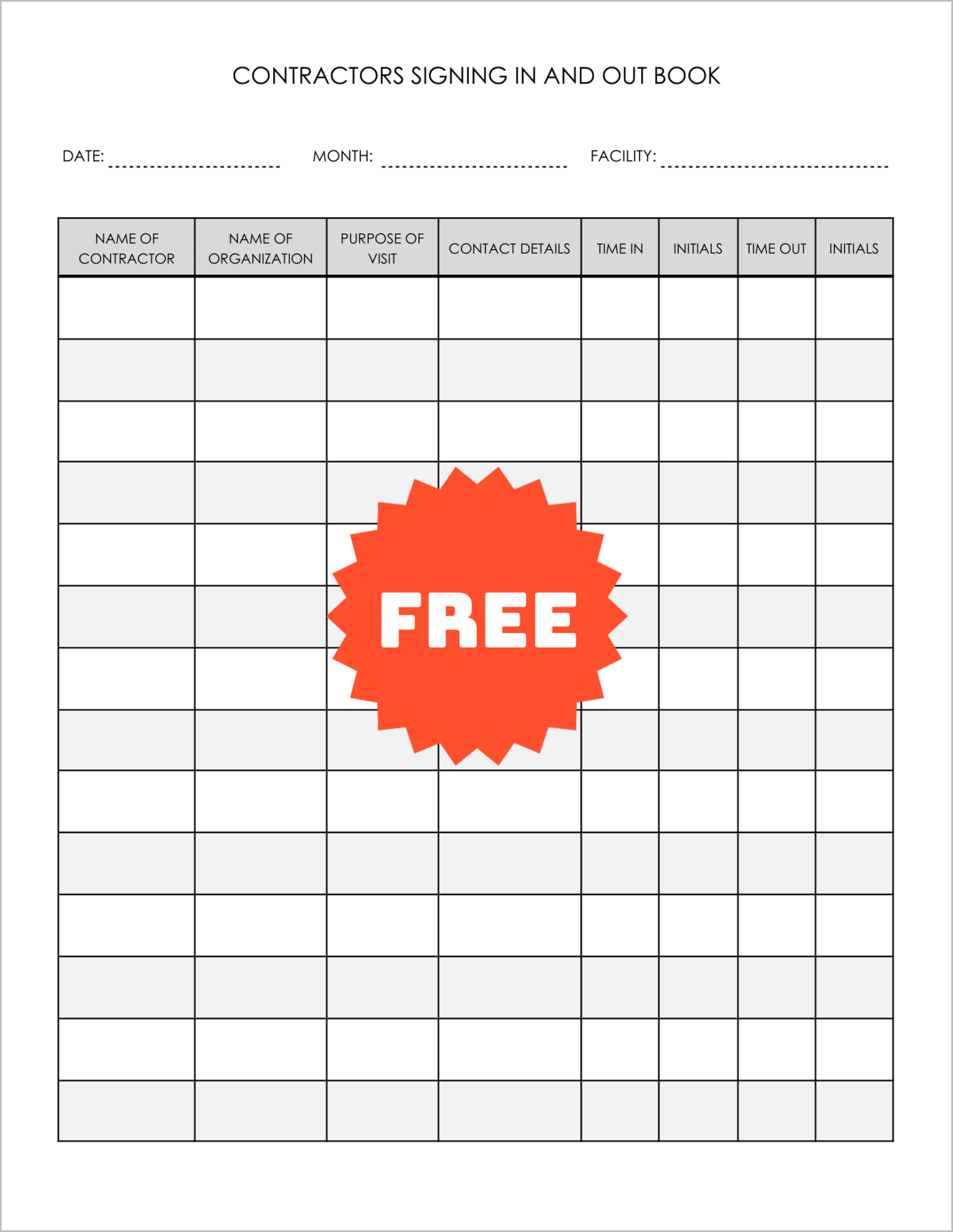 Free Printable Contractors Signing In and Out Logs