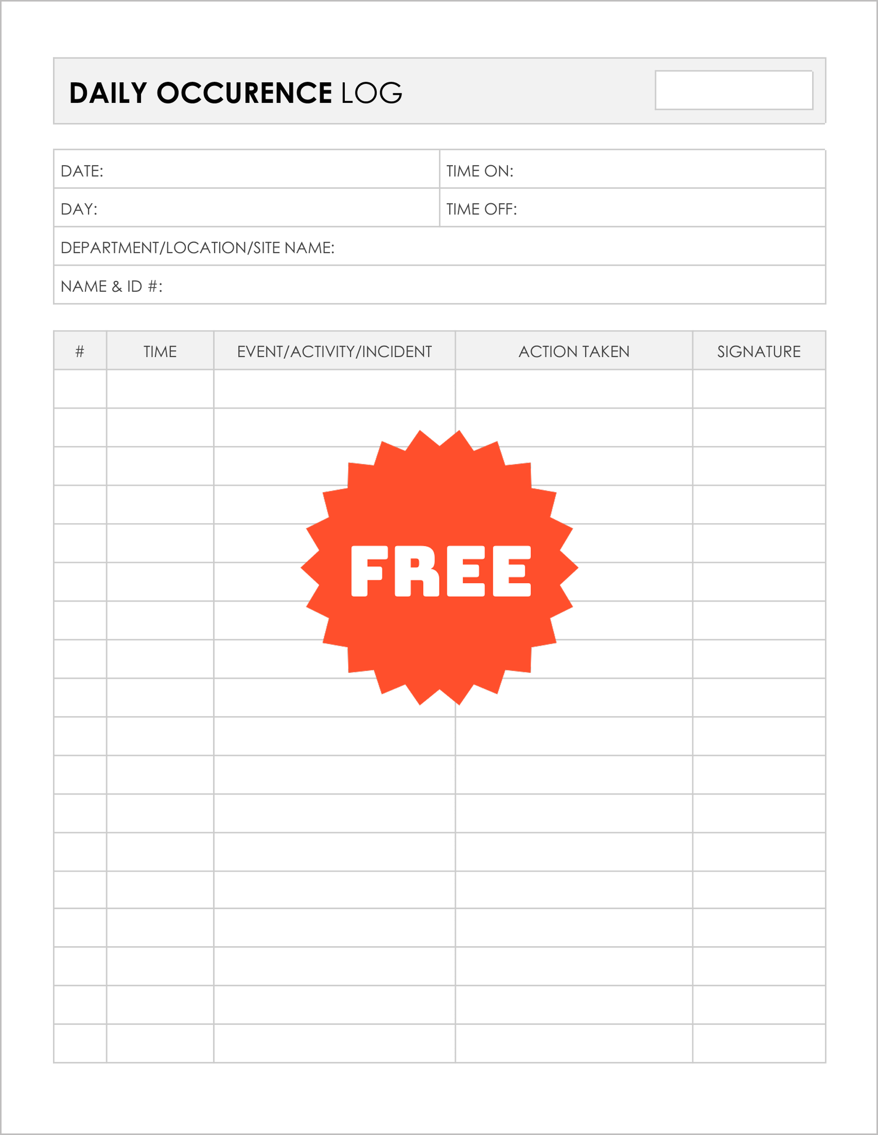 Free Printable Security Occurrence Logs