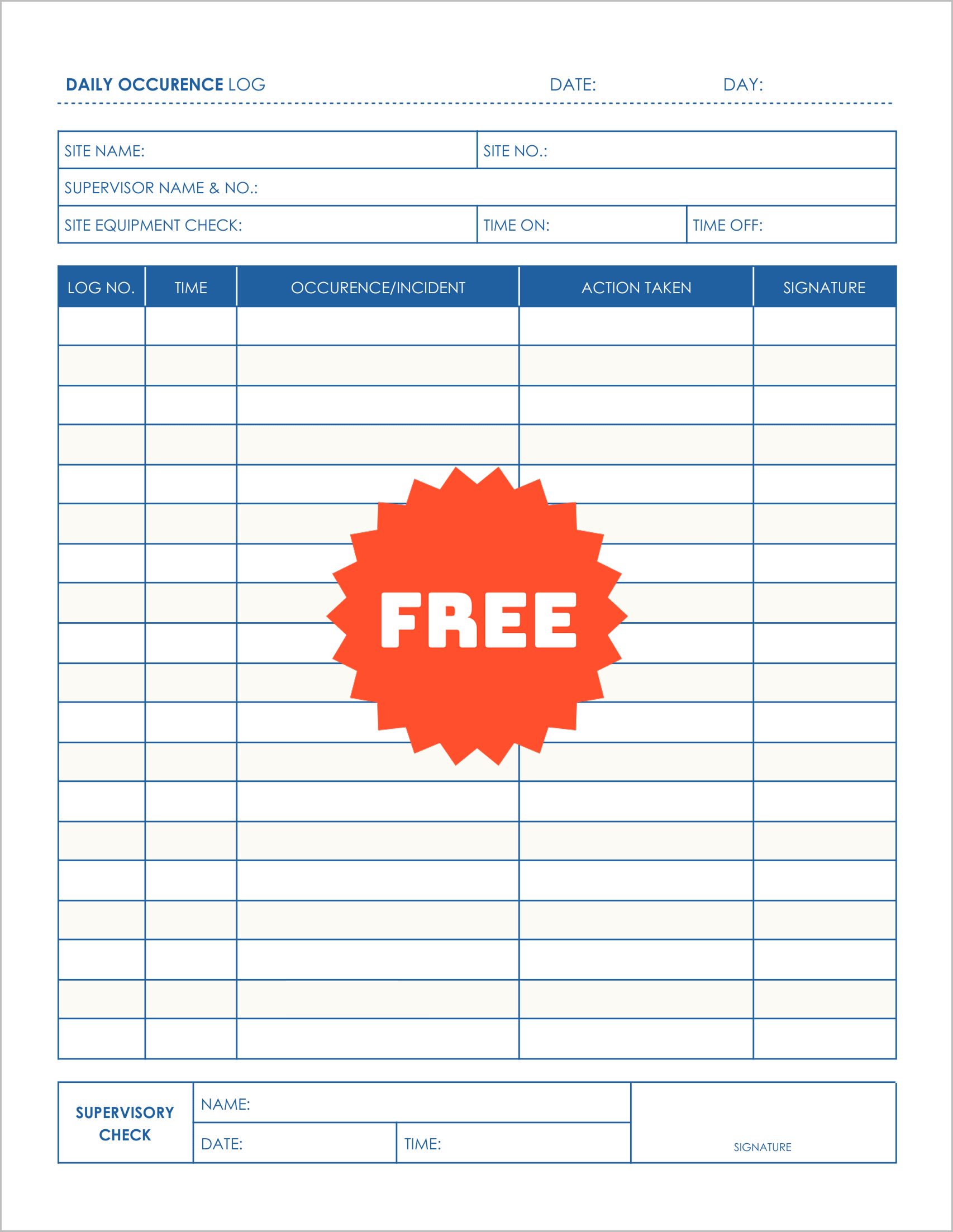 Free Printable Security Occurrence Logs